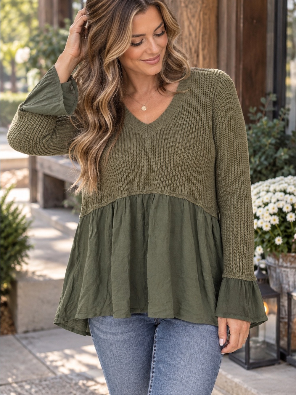 Altar'd State Olive Knit V-Neck Peplum Top flowy Sz M